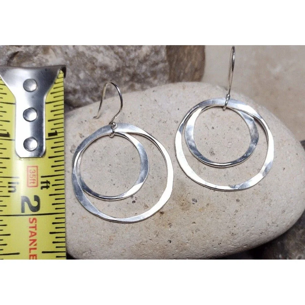 Hammered Sterling Silver 925 Double Hoop Circle Dangle Earrings 2